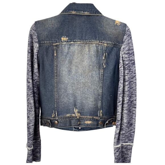 Free People Hoodie Jean Jacket Distressed Denim Sz S Removable Hood - Picture 5 of 15